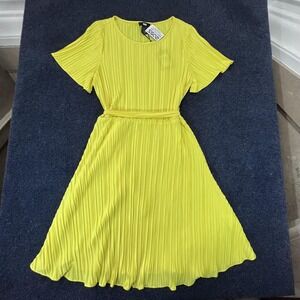 DKNY Dress Womens Size 12 Yellow Pleated Midi Short Sleeve Belted Summer New
